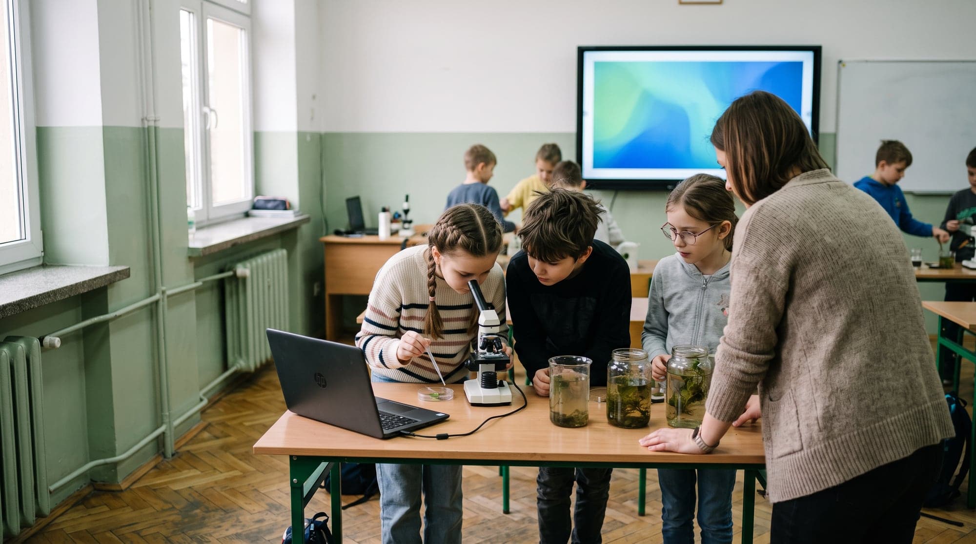 Uczniowie badają próbki wody pod mikroskopem w szkolnej ekopracowni